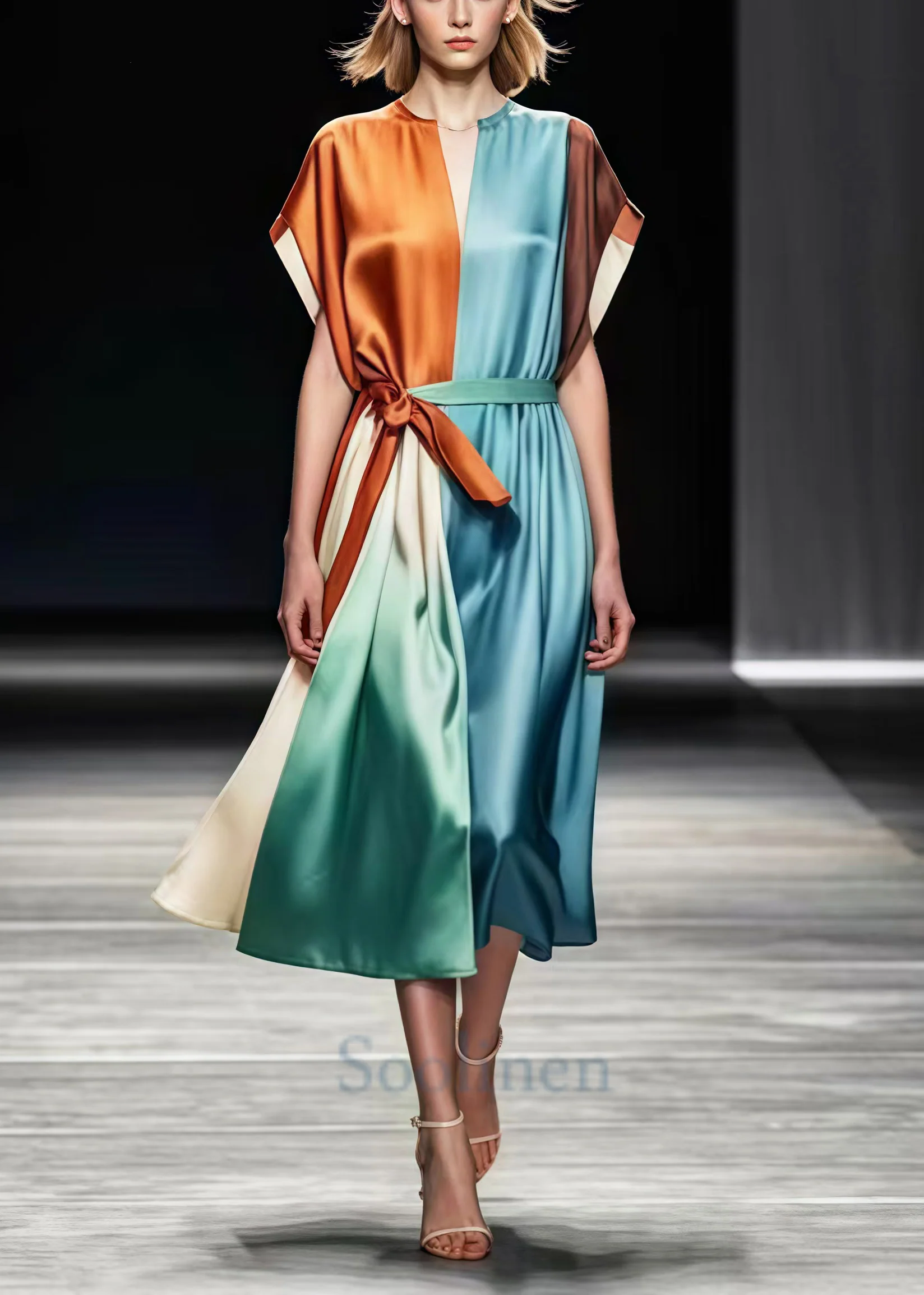 Women Colorblock Tie Waist Patchwork Silk Vacation Dresses Summer - Image 5