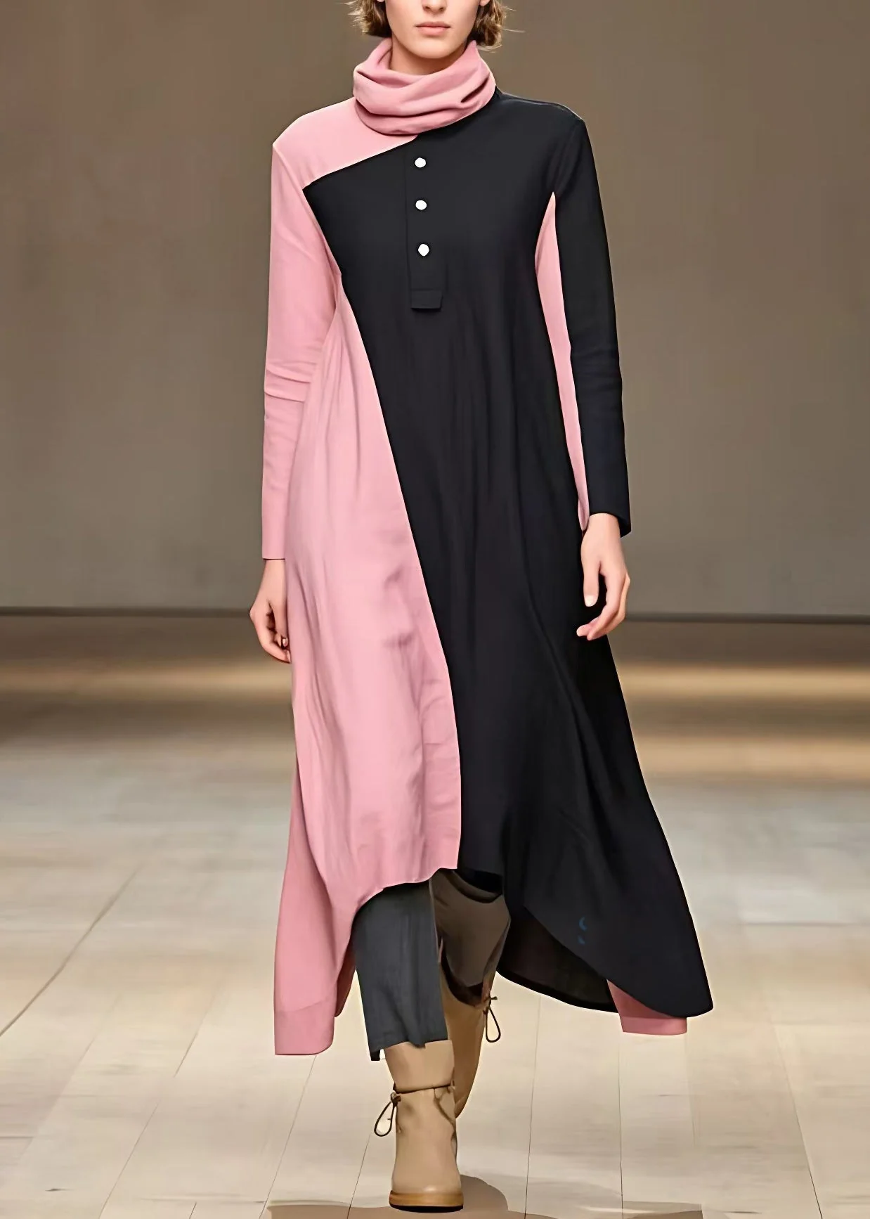 Women Colorblock Turtleneck Patchwork Button Long Dress Fall - Image 2