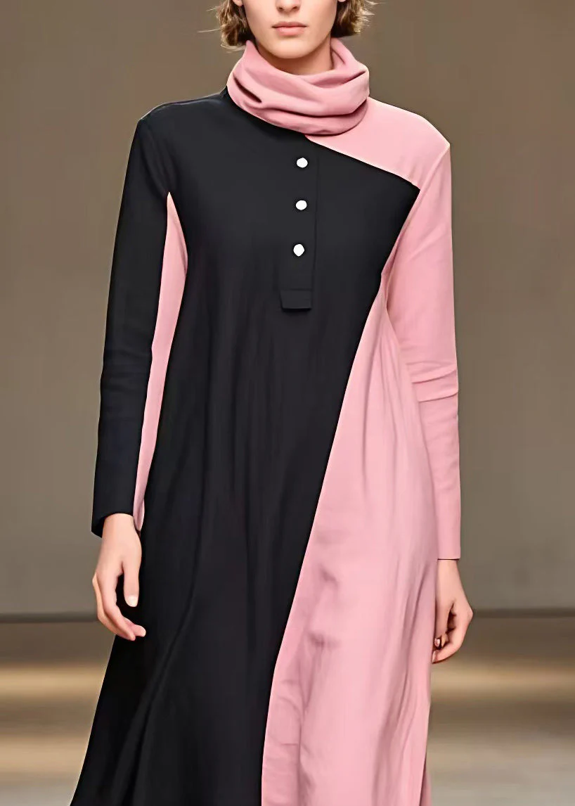 Women Colorblock Turtleneck Patchwork Button Long Dress Fall - Image 3