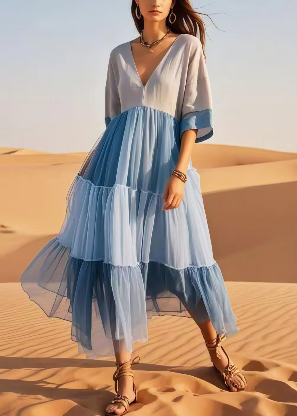 Women Colorblock V Neck Patchwork Cotton Dresses Summer - Image 3