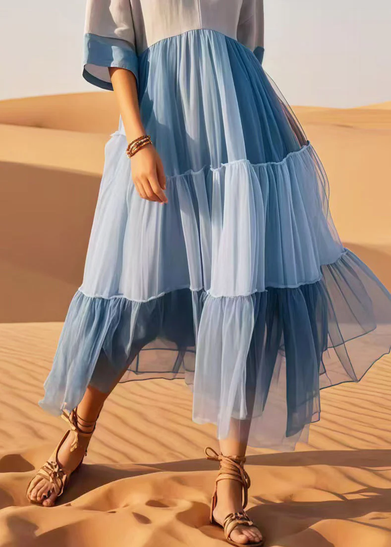 Women Colorblock V Neck Patchwork Cotton Dresses Summer - Image 4