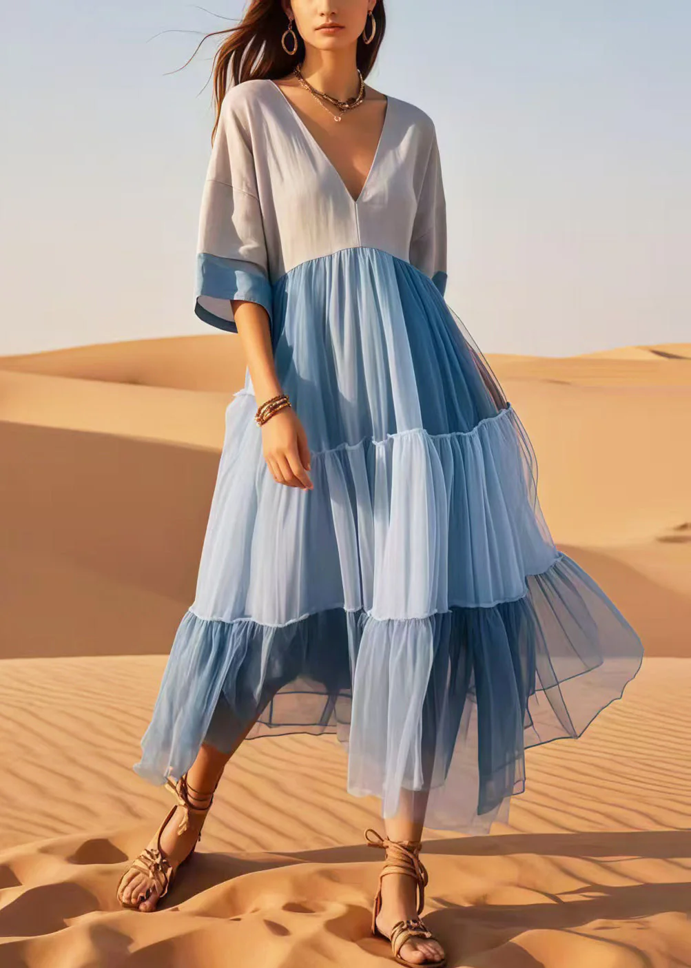 Women Colorblock V Neck Patchwork Cotton Dresses Summer - Image 5