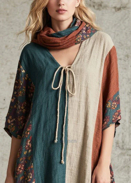 Women Colorblock V Neck Patchwork Cotton Long Dress Summer - Image 2