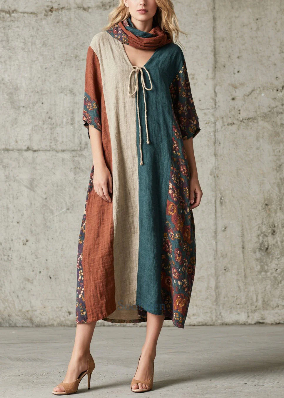 Women Colorblock V Neck Patchwork Cotton Long Dress Summer - Image 3