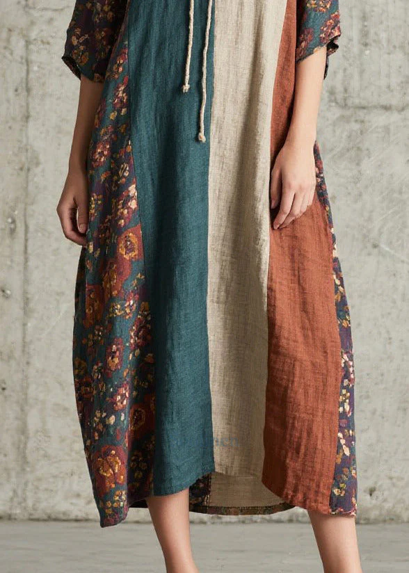 Women Colorblock V Neck Patchwork Cotton Long Dress Summer - Image 4