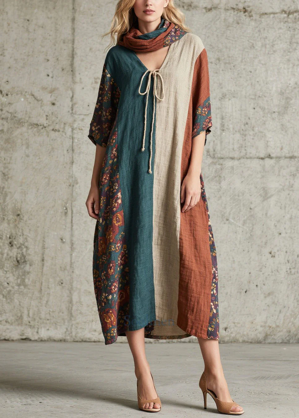 Women Colorblock V Neck Patchwork Cotton Long Dress Summer - Image 5