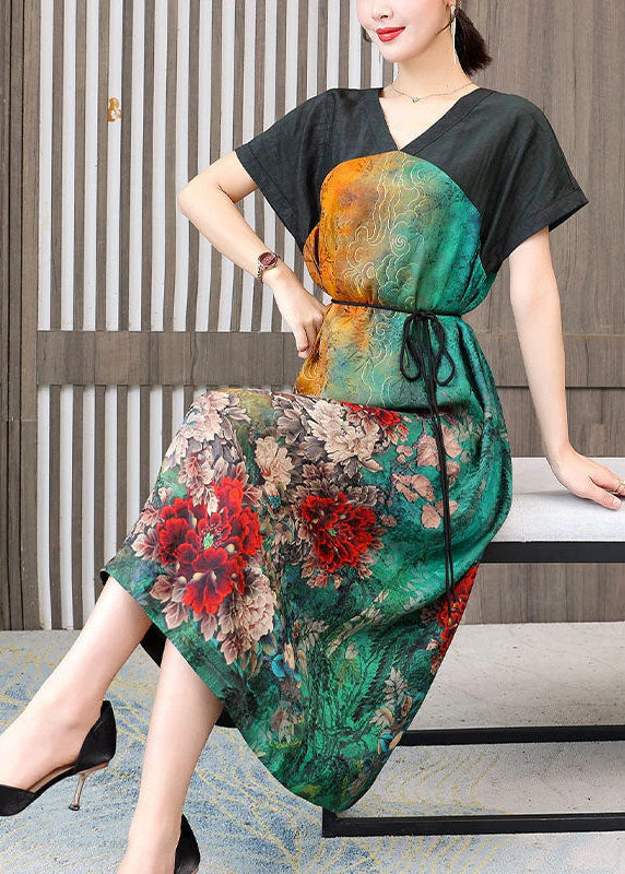 Women Colorblock V Neck Patchwork Floral Silk Dress Summer - Image 2