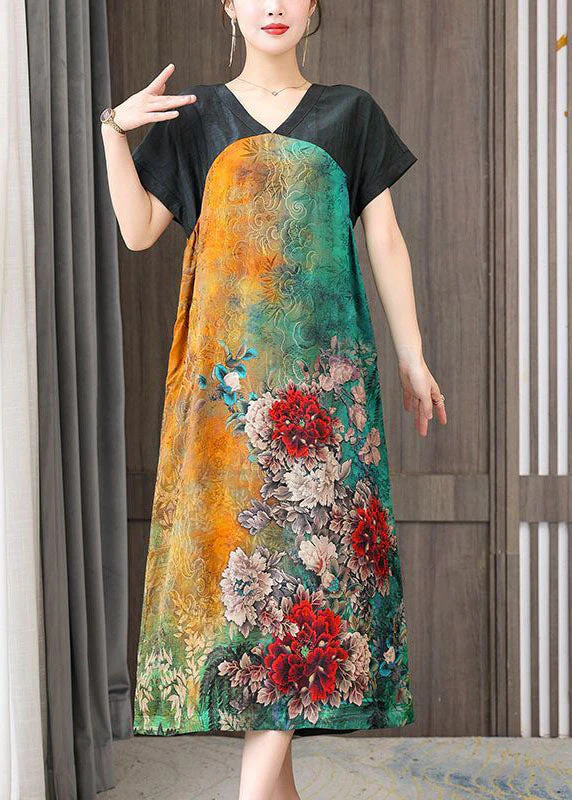 Women Colorblock V Neck Patchwork Floral Silk Dress Summer - Image 3
