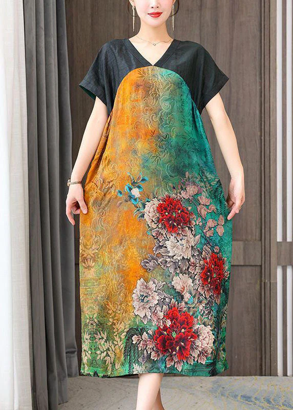 Women Colorblock V Neck Patchwork Floral Silk Dress Summer - Image 4