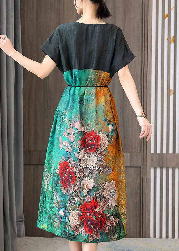 Women Colorblock V Neck Patchwork Floral Silk Dress Summer - Image 5