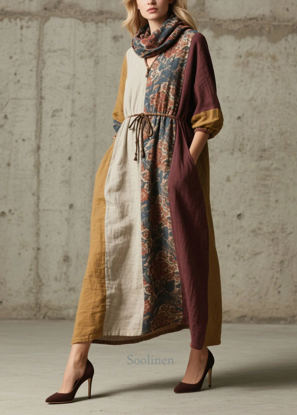 Women Colorblock V Neck Print Lace Up Cotton Dresses Fall - Image 5