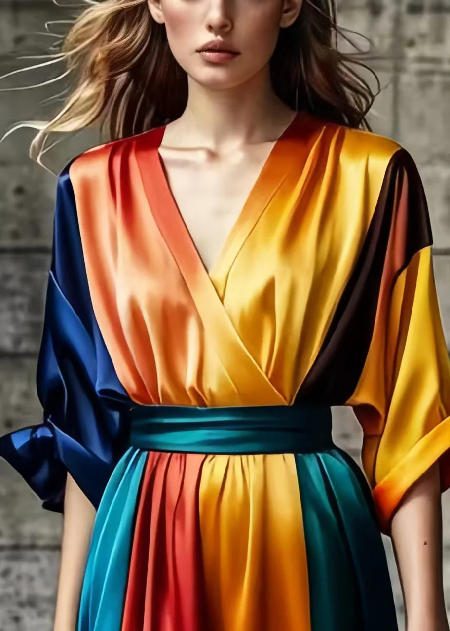 Women Colorblock V Neck Tie Dye Silk Vestidos Dresses Summer - Image 3