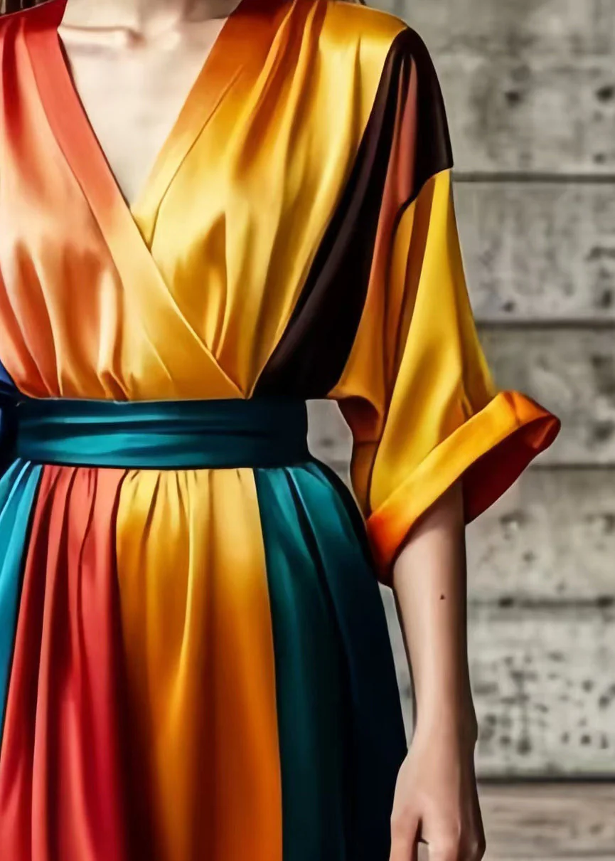 Women Colorblock V Neck Tie Dye Silk Vestidos Dresses Summer - Image 4