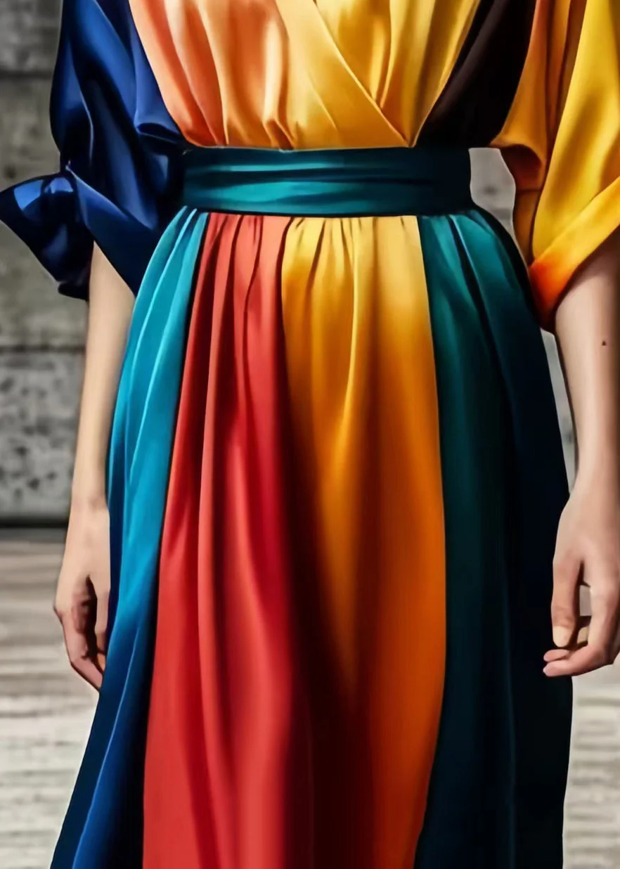 Women Colorblock V Neck Tie Dye Silk Vestidos Dresses Summer - Image 5
