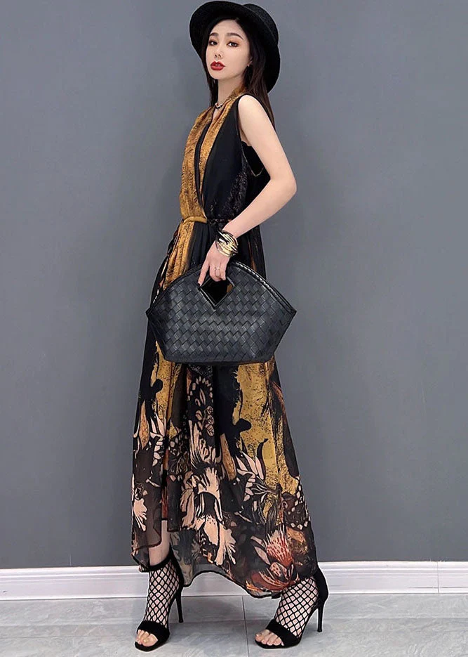 Women Colorblock V Neck Tie Waist Draping Chiffon Holiday Dress Sleeveless - Image 3