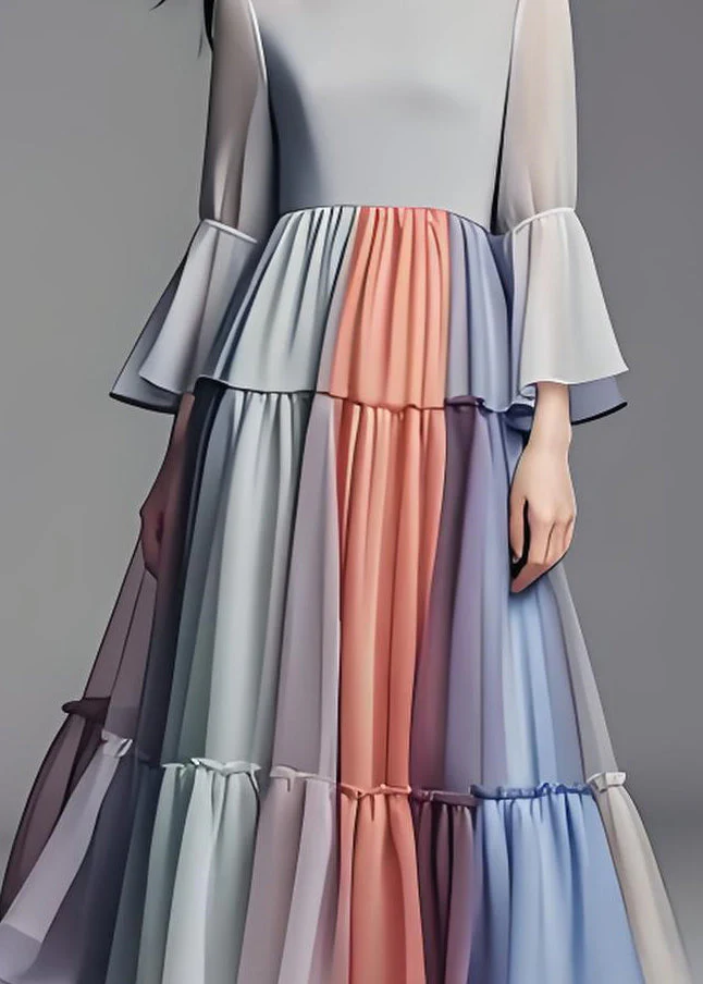 Women Colorblock Wrinkled Patchwork Chiffon Dress Flare Sleeve - Image 4