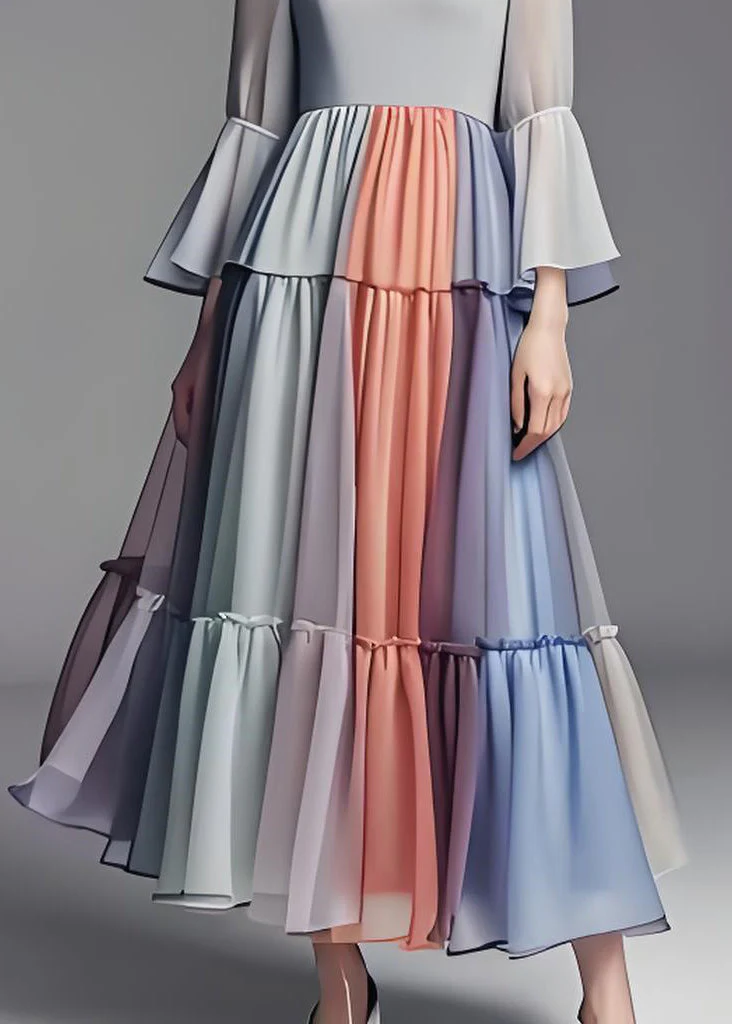 Women Colorblock Wrinkled Patchwork Chiffon Dress Flare Sleeve - Image 5