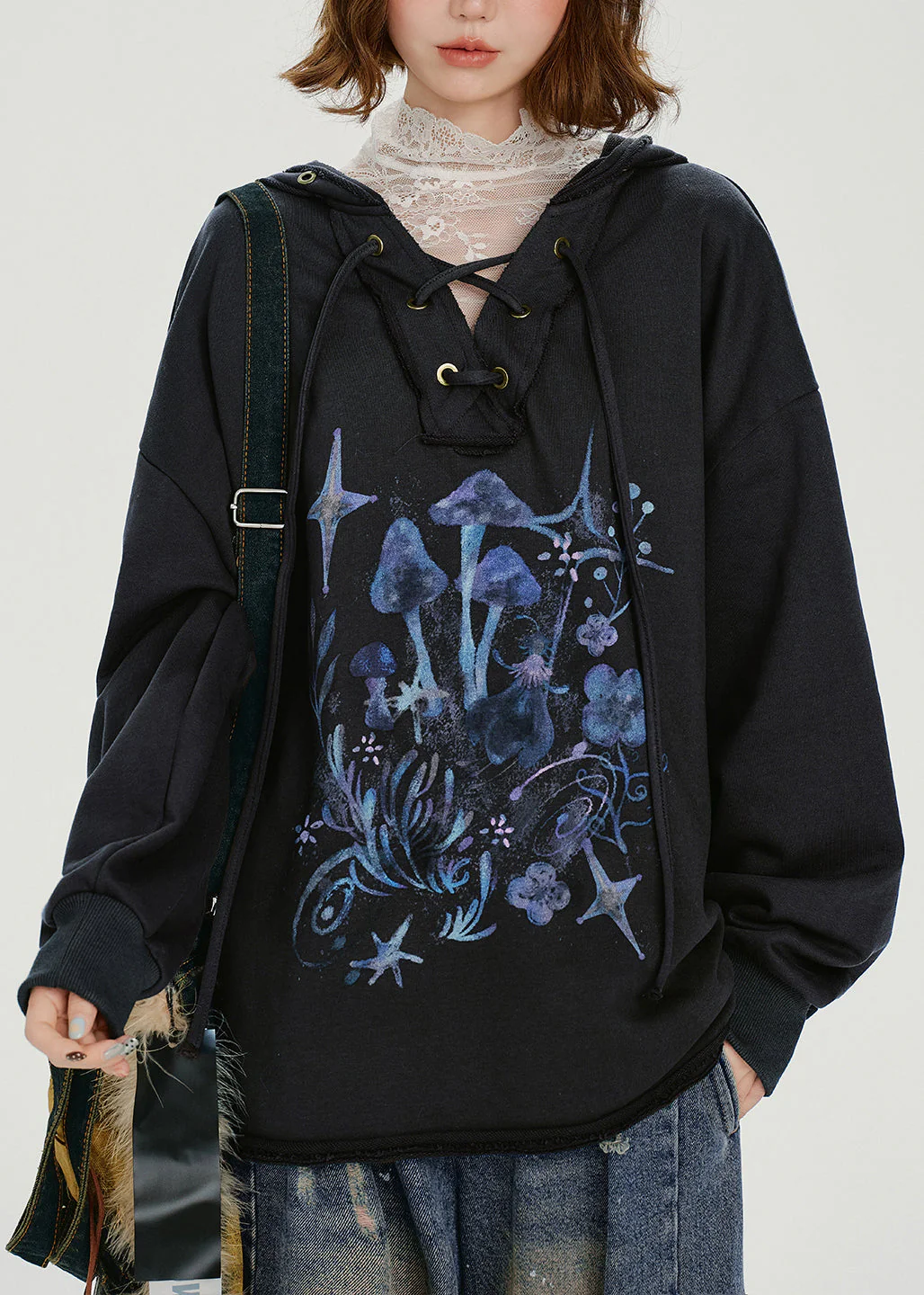 Women Dark Grey Hooded Print Cotton Pullover Sweatshirt Spring - Image 2