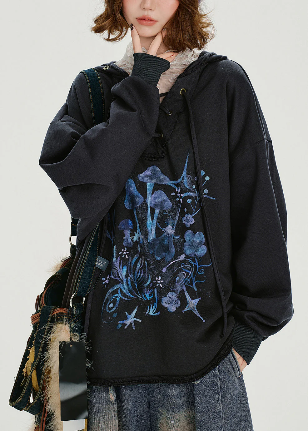 Women Dark Grey Hooded Print Cotton Pullover Sweatshirt Spring - Image 3