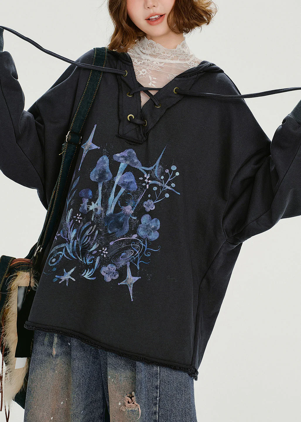 Women Dark Grey Hooded Print Cotton Pullover Sweatshirt Spring - Image 4