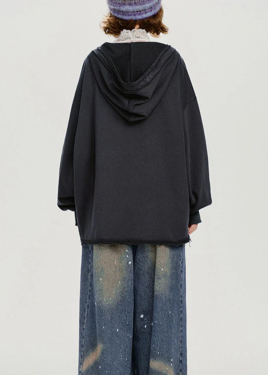 Women Dark Grey Hooded Print Cotton Pullover Sweatshirt Spring - Image 5