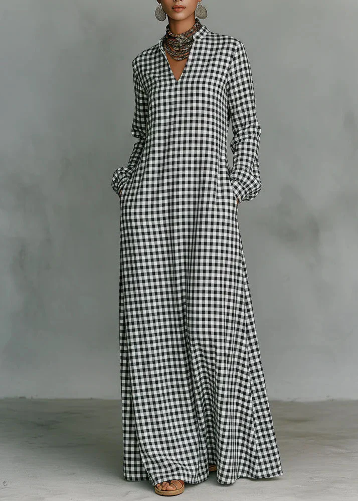 Women Dark Grey V Neck Plaid Pockets Cotton Long Dress Fall