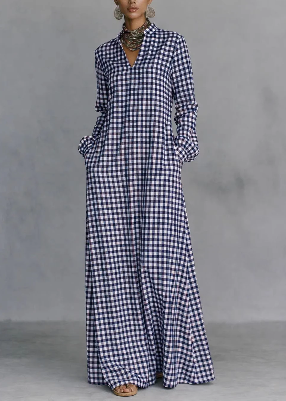 Women Dark Grey V Neck Plaid Pockets Cotton Long Dress Fall - Image 2