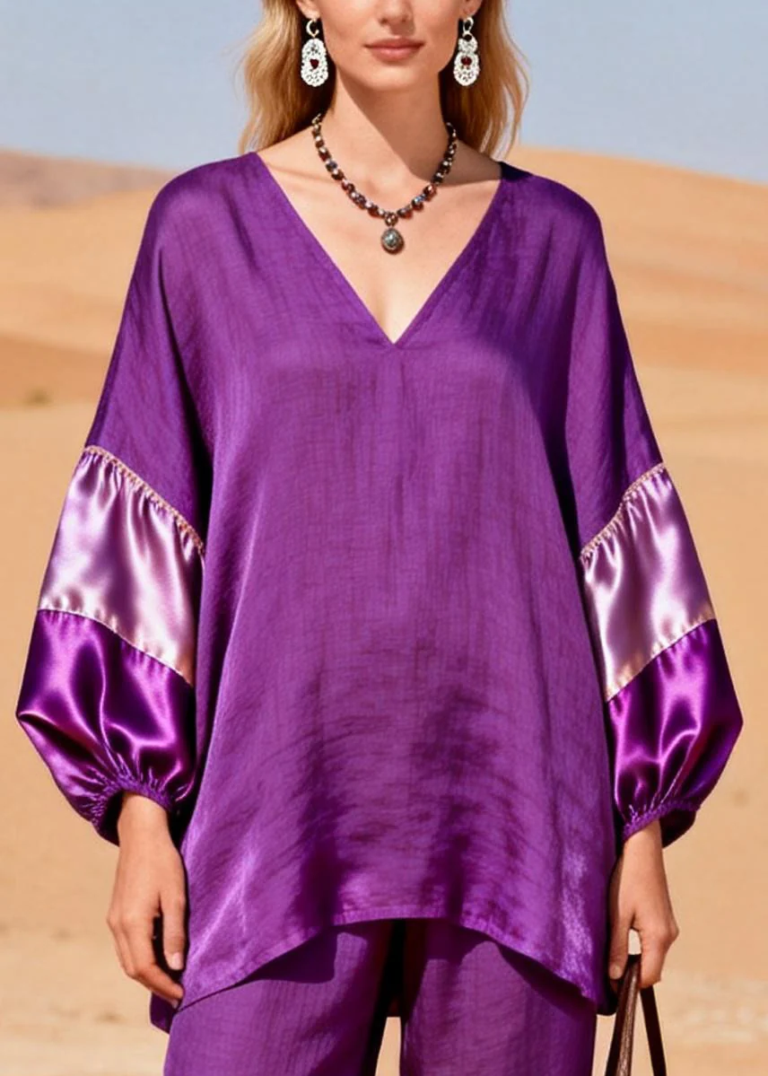 Women Dark Purple Oversized Patchwork Cotton Two Piece Set Spring - Image 2