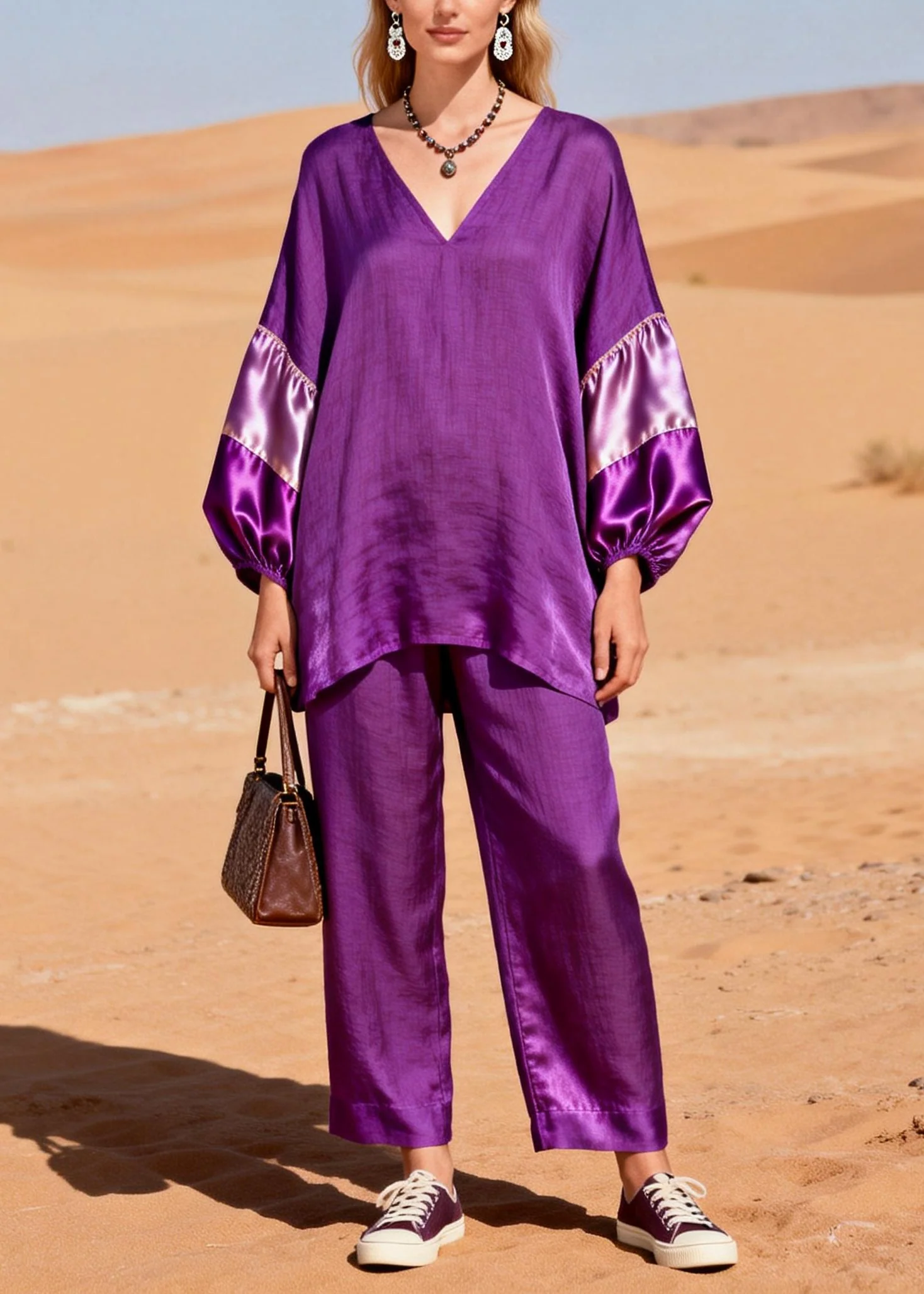 Women Dark Purple Oversized Patchwork Cotton Two Piece Set Spring - Image 3