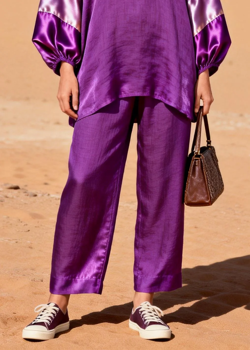 Women Dark Purple Oversized Patchwork Cotton Two Piece Set Spring - Image 4