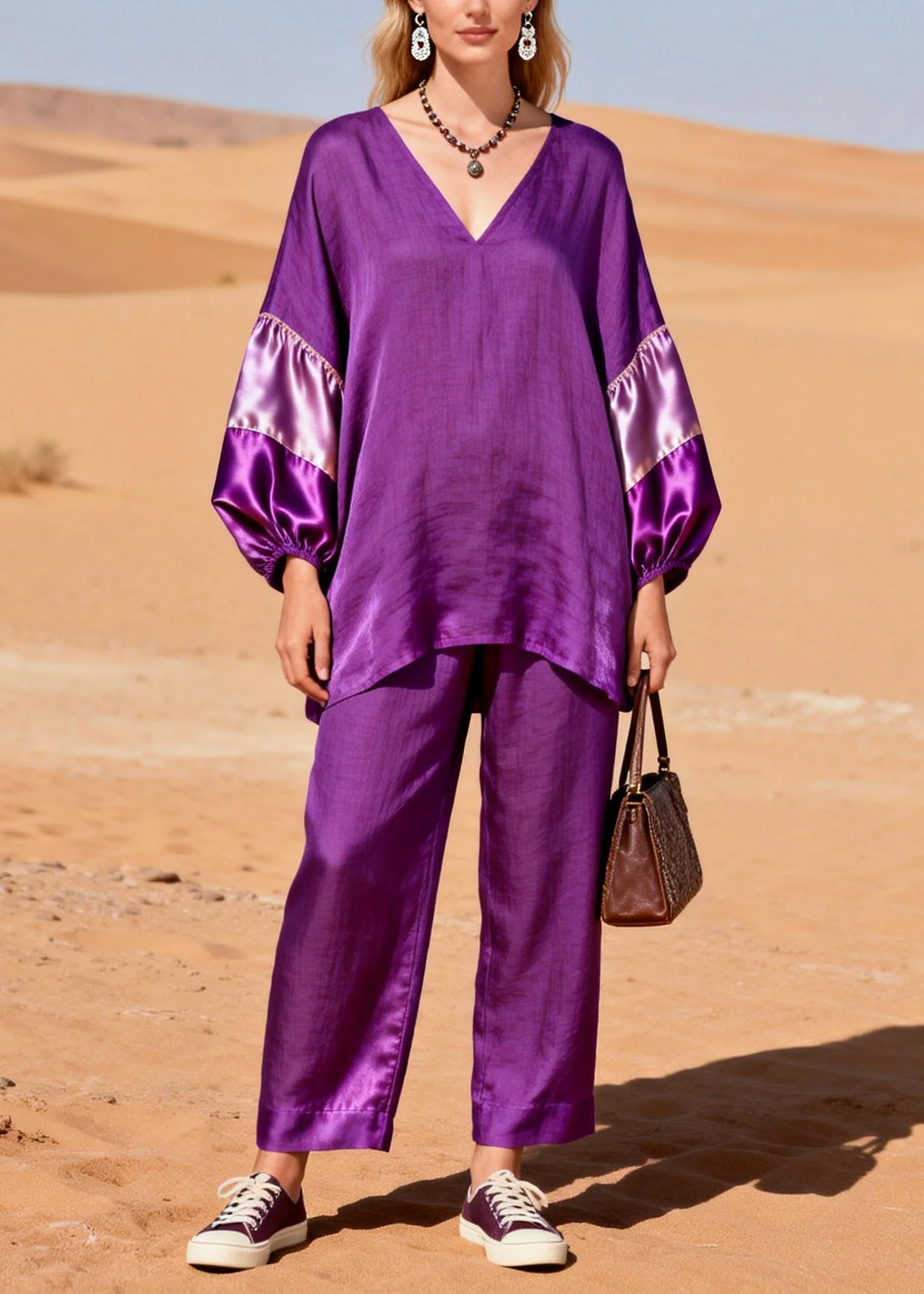 Women Dark Purple Oversized Patchwork Cotton Two Piece Set Spring - Image 5