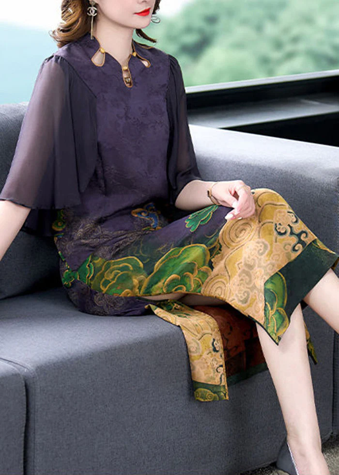 Women Dark Purple Print Side Open Slim Fit Silk Dress Cloak Sleeves - Image 2