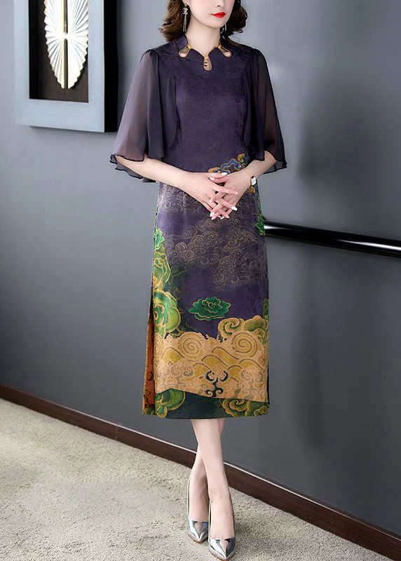 Women Dark Purple Print Side Open Slim Fit Silk Dress Cloak Sleeves - Image 3