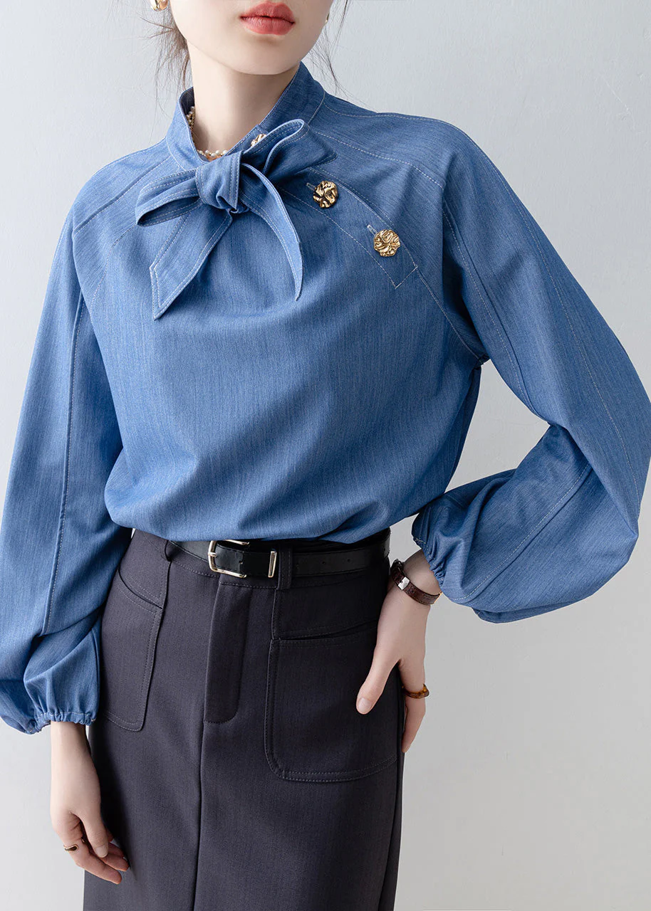 Women Denim Blue Stand Collar Bow Blouses Spring - Image 2
