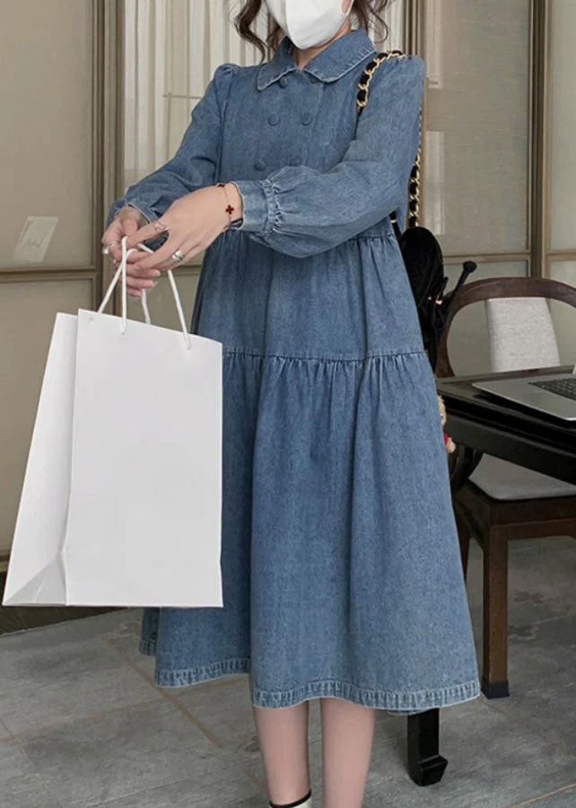 Women Denim Blue Wrinkled Patchwork Long Dress Spring - Image 3