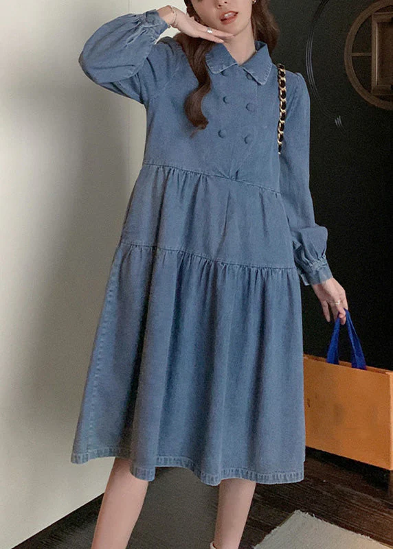 Women Denim Blue Wrinkled Patchwork Long Dress Spring - Image 4