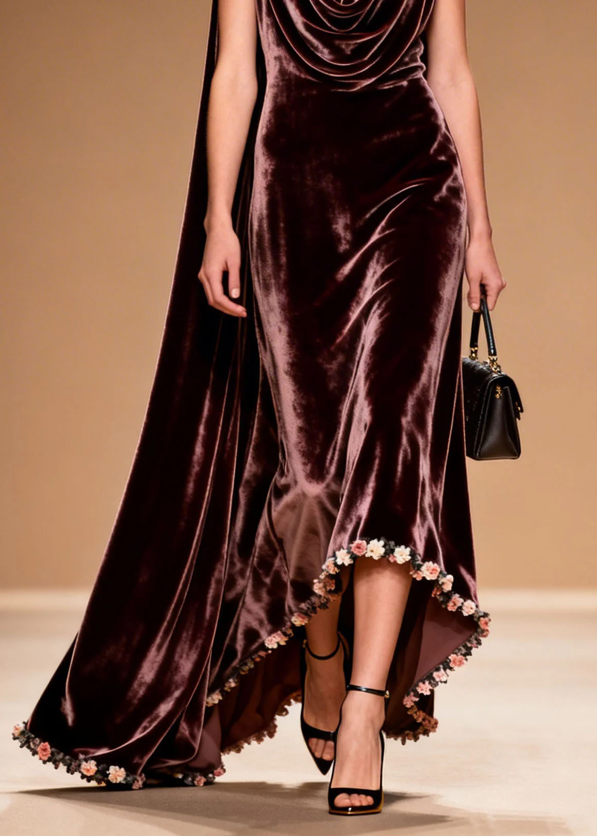 Women Draped Neckline Asymmetrical Floral Patchwork Velvet Dress Sleeveless - Image 4