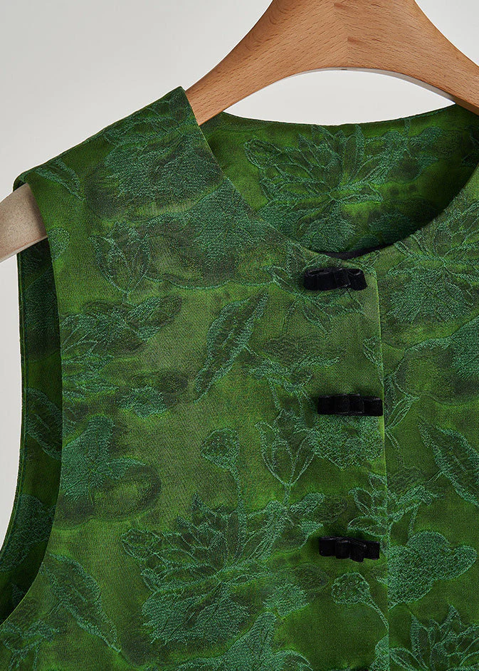Women Dull Green Jacquard Patchwork Silk Velvet Vest Fall - Image 3