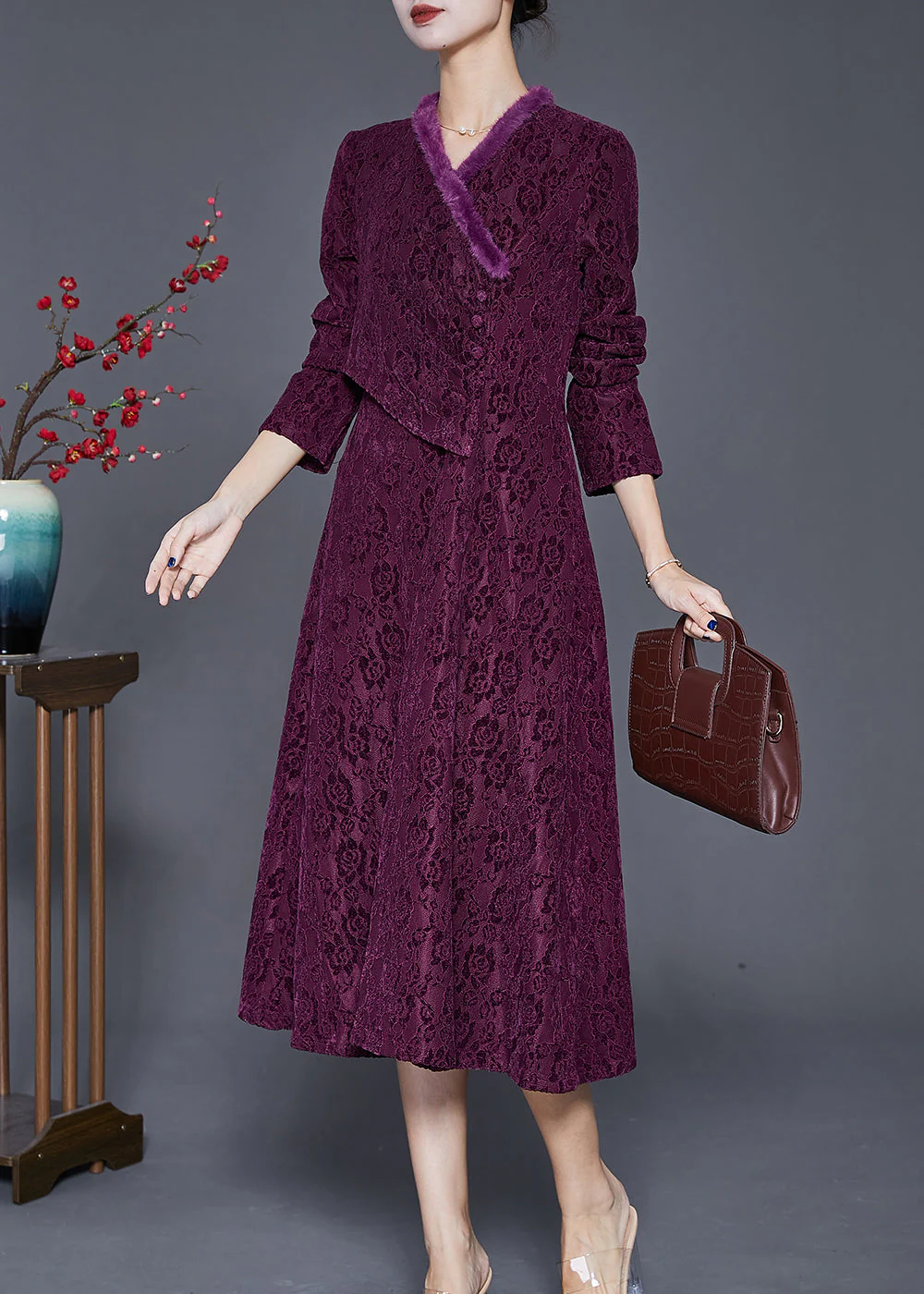 Women Dull Purple Jacquard Slim Fit Warm Fleece Dresses Winter