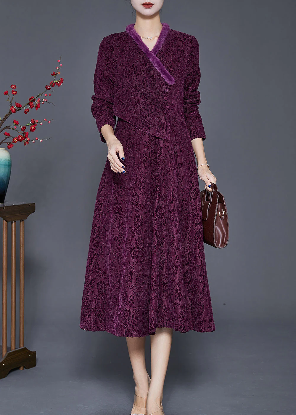 Women Dull Purple Jacquard Slim Fit Warm Fleece Dresses Winter - Image 2