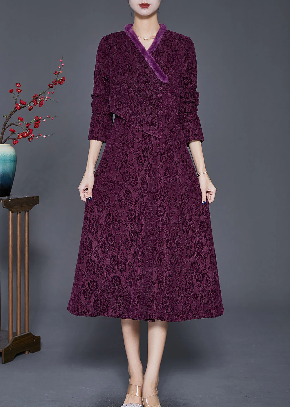 Women Dull Purple Jacquard Slim Fit Warm Fleece Dresses Winter - Image 3