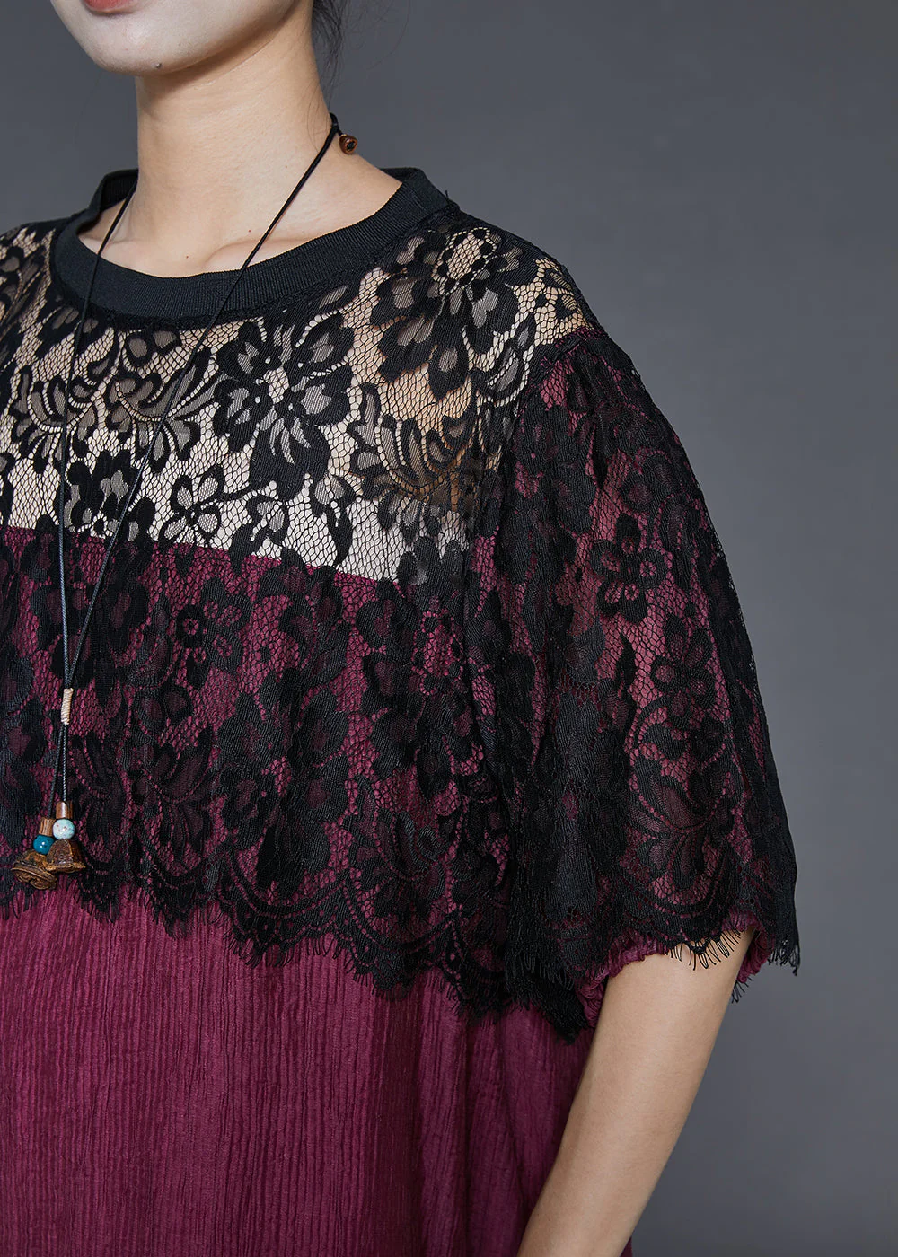 Women Dull Red Oversized Patchwork Lace Dress Summer - Image 5