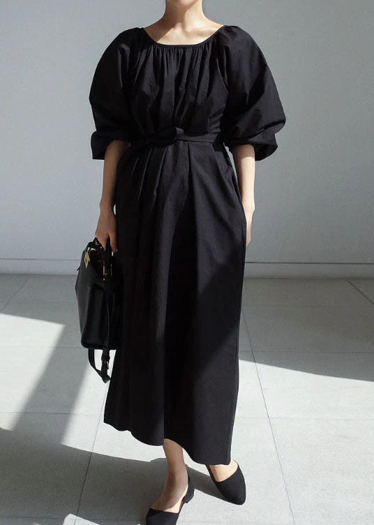 Women easy black tie waist Puff Sleeve Cotton long Dress - Image 2