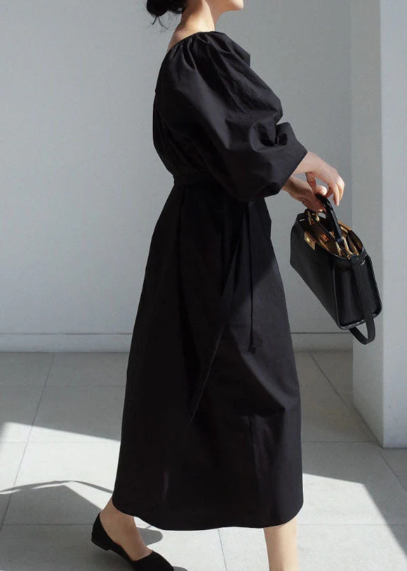 Women easy black tie waist Puff Sleeve Cotton long Dress - Image 3