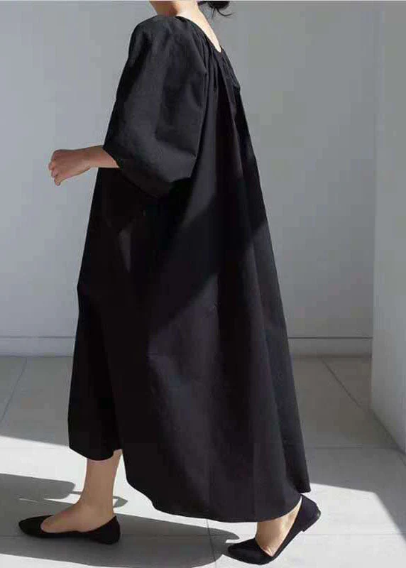 Women easy black tie waist Puff Sleeve Cotton long Dress - Image 4
