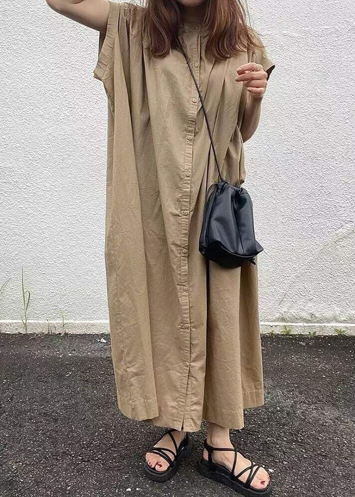 Women easy Khaki Button Cotton long Dress Short Sleeve - Image 3
