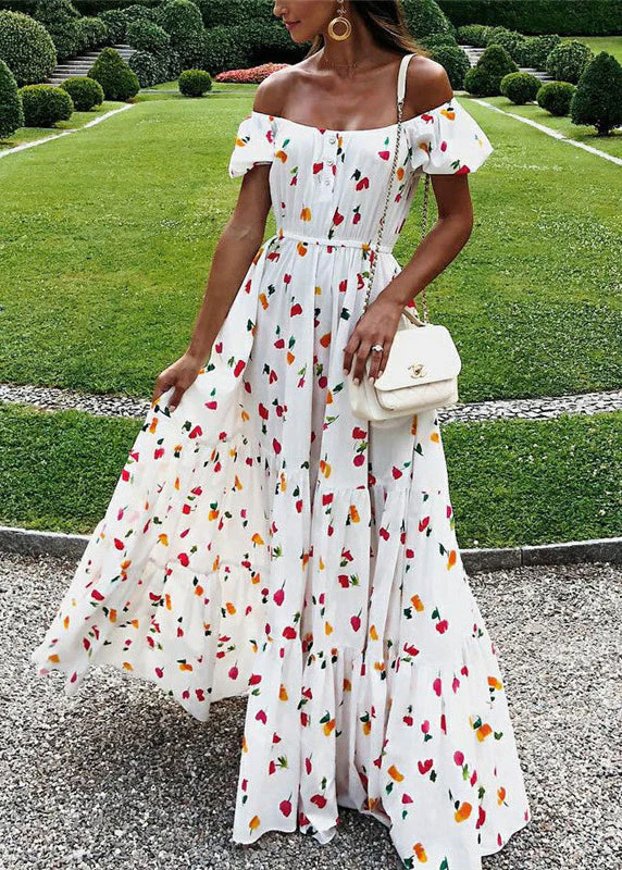 Women Elastic Square Collar Floral Print Holiday Casual Floor Maxi Dress With Belt White - Image 2