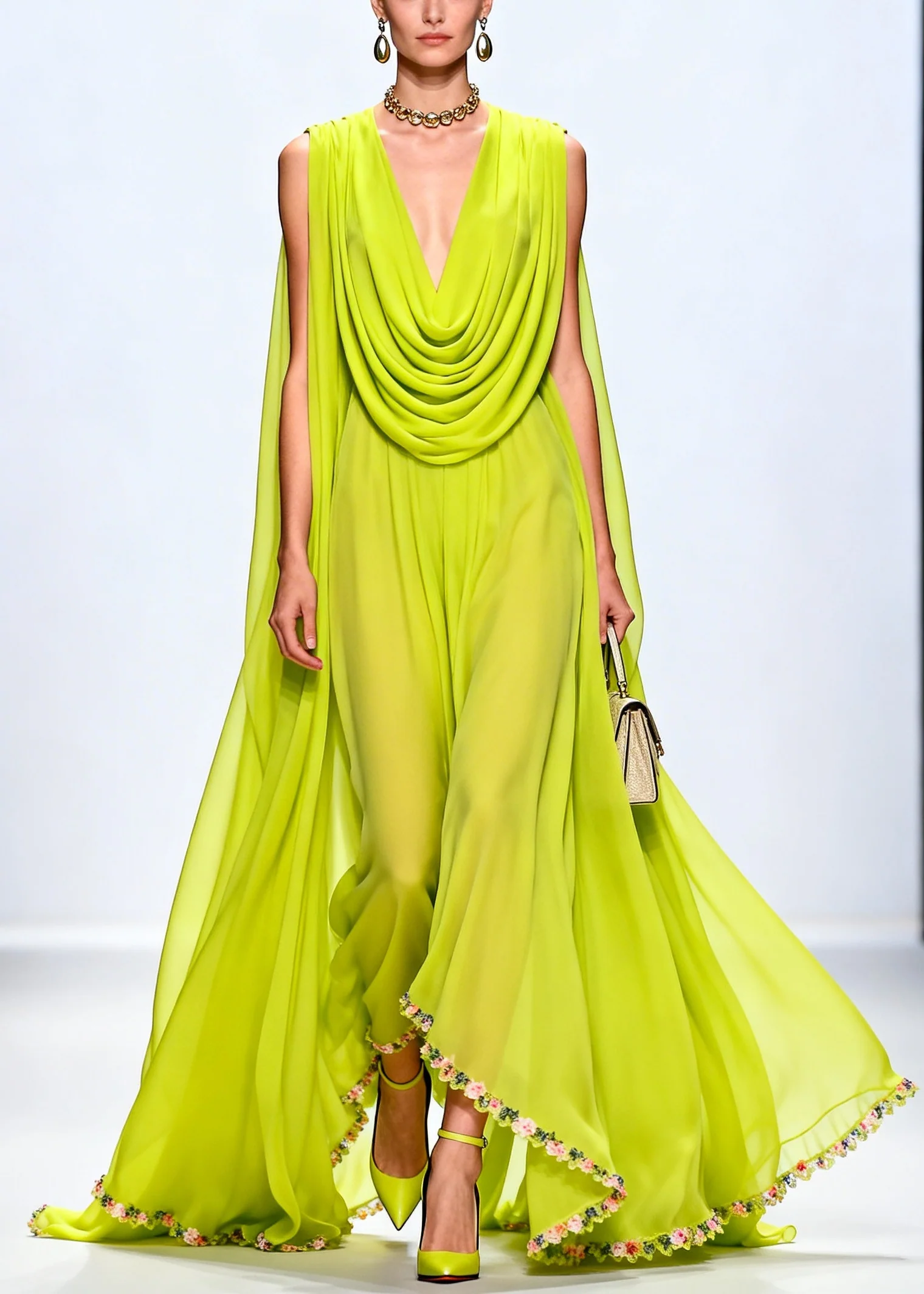 Women Fluorescent Green Turtle Neck Exra Large Hem Chiffon Party Dress Sleeveless