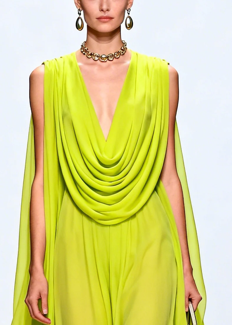 Women Fluorescent Green Turtle Neck Exra Large Hem Chiffon Party Dress Sleeveless - Image 2
