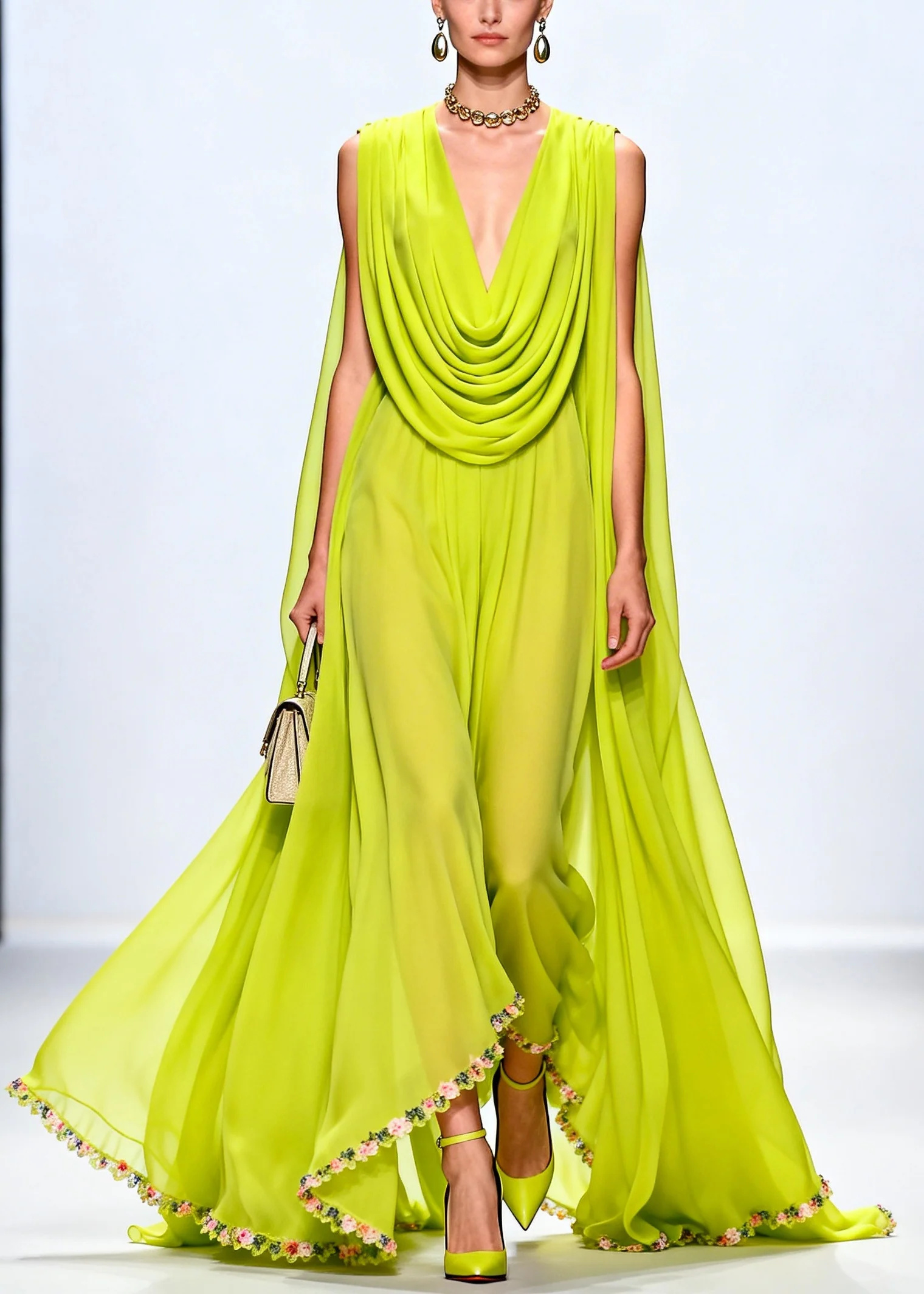 Women Fluorescent Green Turtle Neck Exra Large Hem Chiffon Party Dress Sleeveless - Image 3